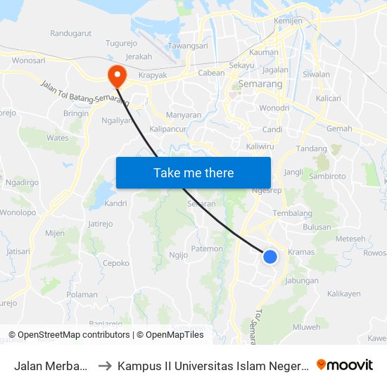 Jalan Merbau Raya to Kampus II Universitas Islam Negeri Walisongo map