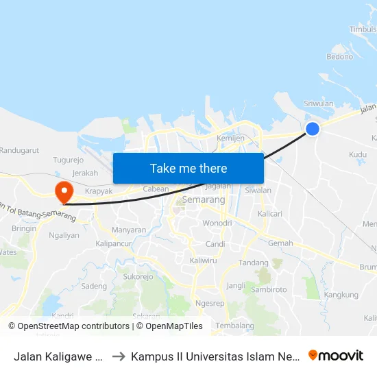 Jalan Kaligawe Raya 225 to Kampus II Universitas Islam Negeri Walisongo map