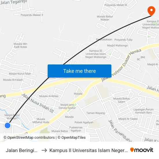 Jalan Beringin Raya to Kampus II Universitas Islam Negeri Walisongo map