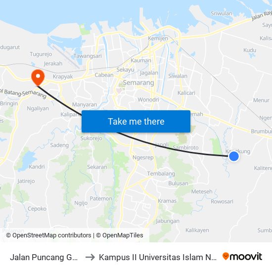 Jalan Puncang Gading Raya to Kampus II Universitas Islam Negeri Walisongo map