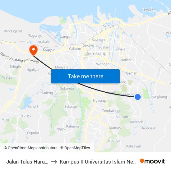 Jalan Tulus Harapan Raya to Kampus II Universitas Islam Negeri Walisongo map