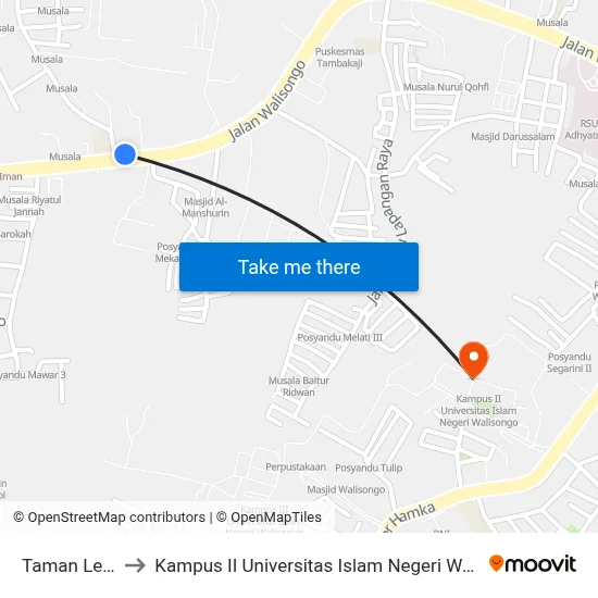 Taman Lele 1 to Kampus II Universitas Islam Negeri Walisongo map