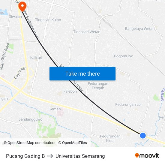 Pucang Gading B to Universitas Semarang map