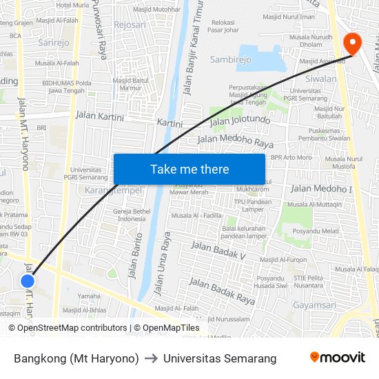 Bangkong (Mt Haryono) to Universitas Semarang map