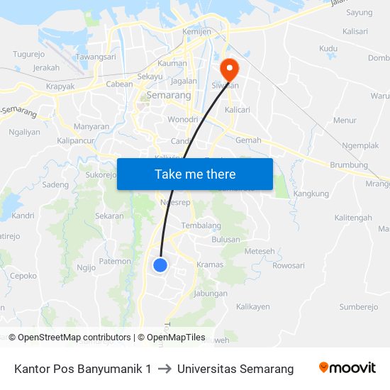 Kantor Pos Banyumanik 1 to Universitas Semarang map