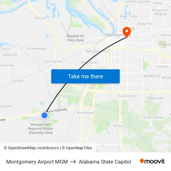 Montgomery Airport MGM to Alabama State Capitol map