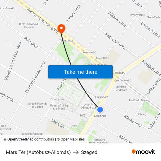 Mars Tér (Autóbusz-Állomás) to Szeged map