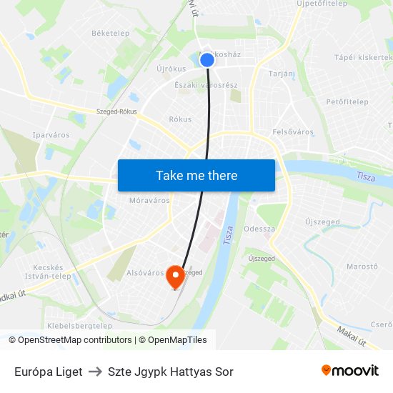 Európa Liget to Szte Jgypk Hattyas Sor map