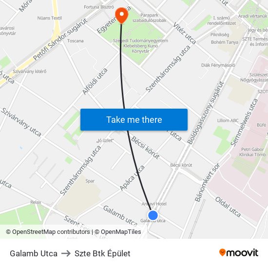 Galamb Utca to Szte Btk Épület map