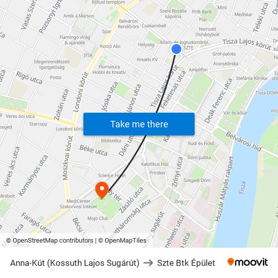 Anna-Kút (Kossuth Lajos Sugárút) to Szte Btk Épület map