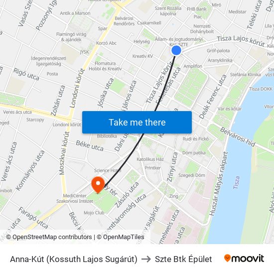 Anna-Kút (Kossuth Lajos Sugárút) to Szte Btk Épület map