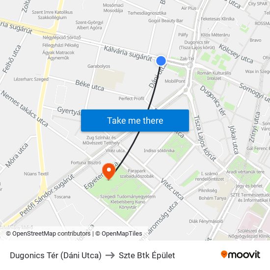 Dugonics Tér (Dáni Utca) to Szte Btk Épület map