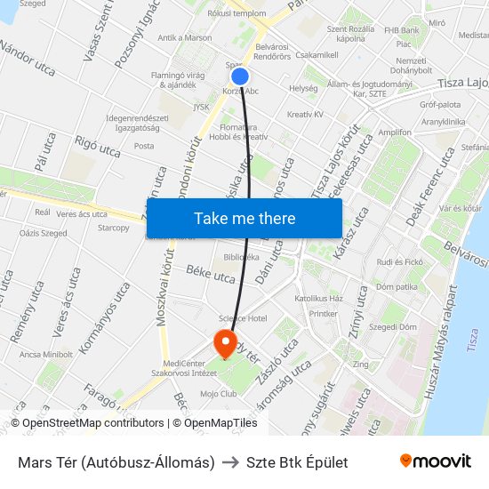 Mars Tér (Autóbusz-Állomás) to Szte Btk Épület map