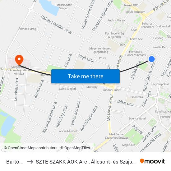 Bartók Tér to SZTE SZAKK ÁOK Arc-, Állcsont- és Szájsebészeti Klinika map