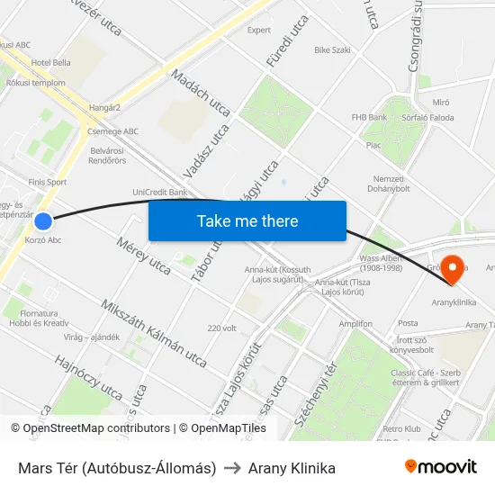 Mars Tér (Autóbusz-Állomás) to Arany Klinika map