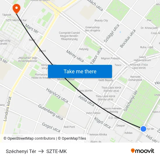 Széchenyi Tér to SZTE-MK map