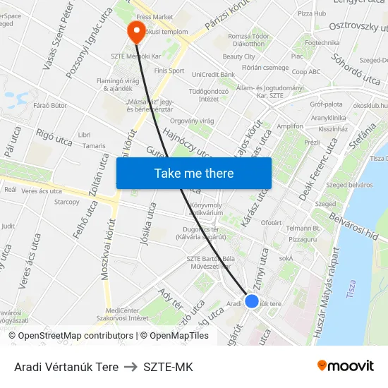 Aradi Vértanúk Tere to SZTE-MK map