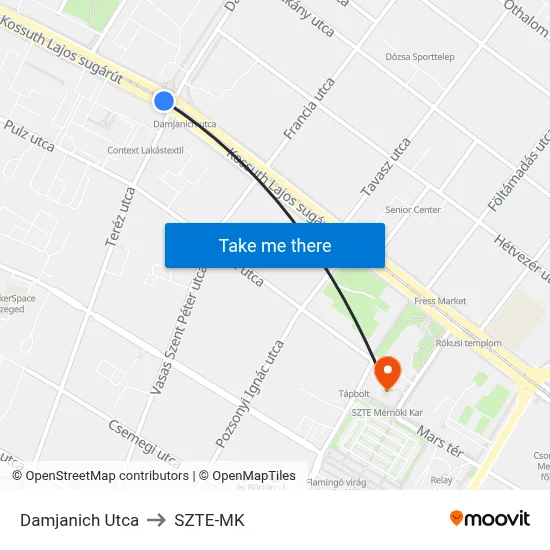 Damjanich Utca to SZTE-MK map