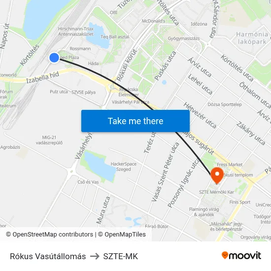 Rókus Vasútállomás to SZTE-MK map