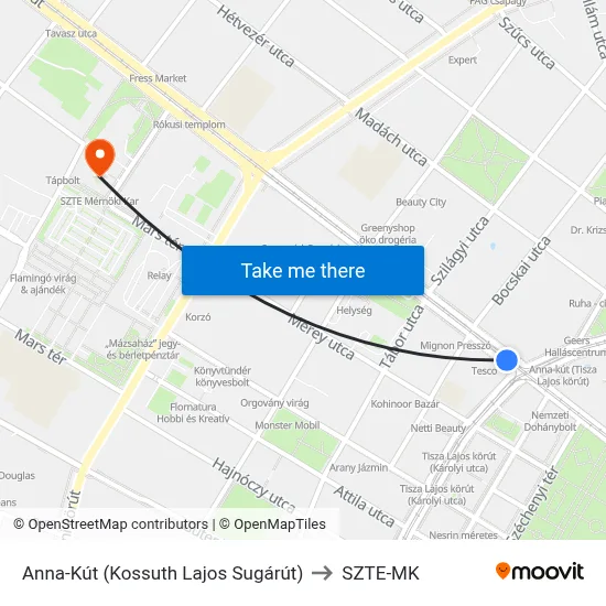 Anna-Kút (Kossuth Lajos Sugárút) to SZTE-MK map