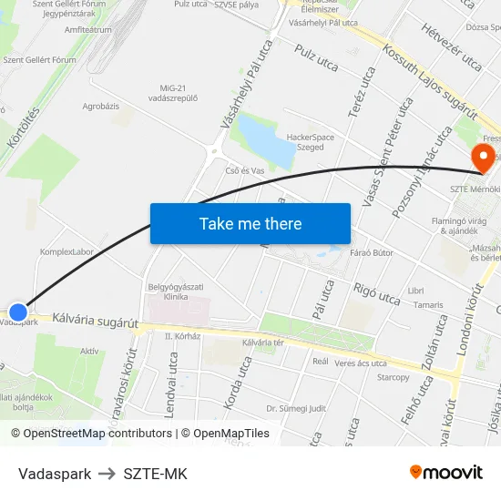 Vadaspark to SZTE-MK map