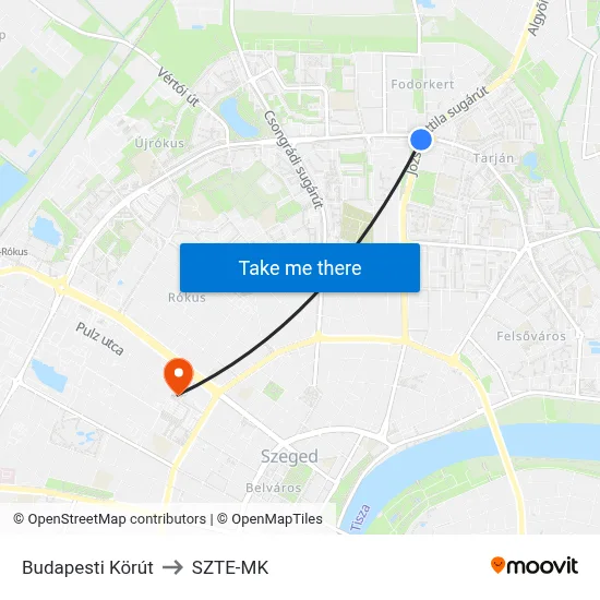 Budapesti Körút to SZTE-MK map