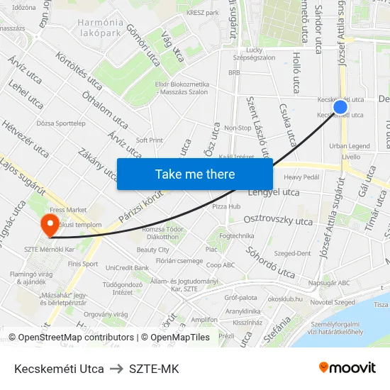 Kecskeméti Utca to SZTE-MK map