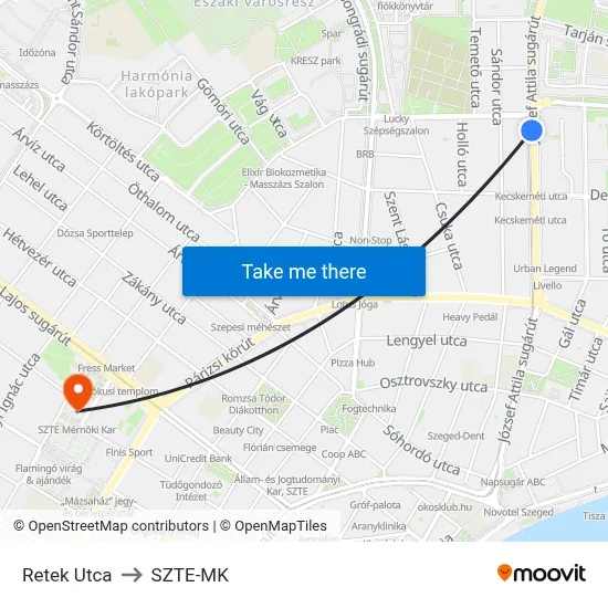 Retek Utca to SZTE-MK map