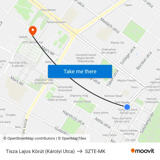 Tisza Lajos Körút (Károlyi Utca) to SZTE-MK map