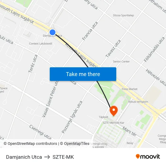 Damjanich Utca to SZTE-MK map