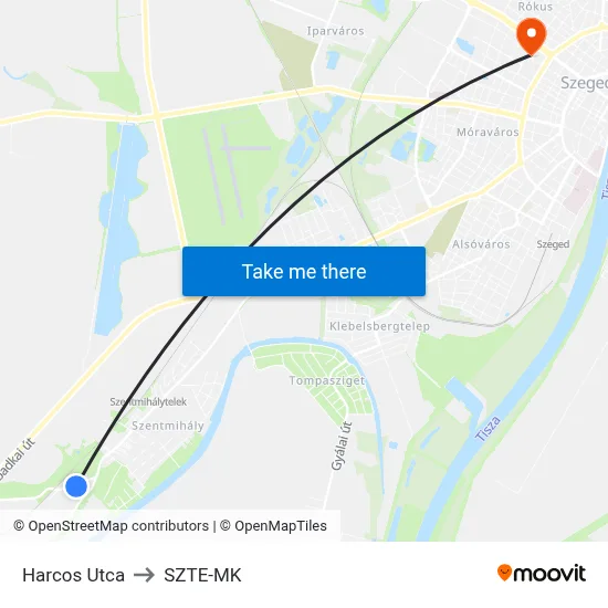 Harcos Utca to SZTE-MK map