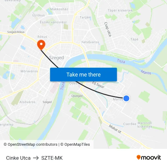 Cinke Utca to SZTE-MK map