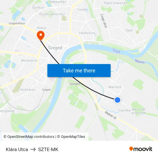 Klára Utca to SZTE-MK map