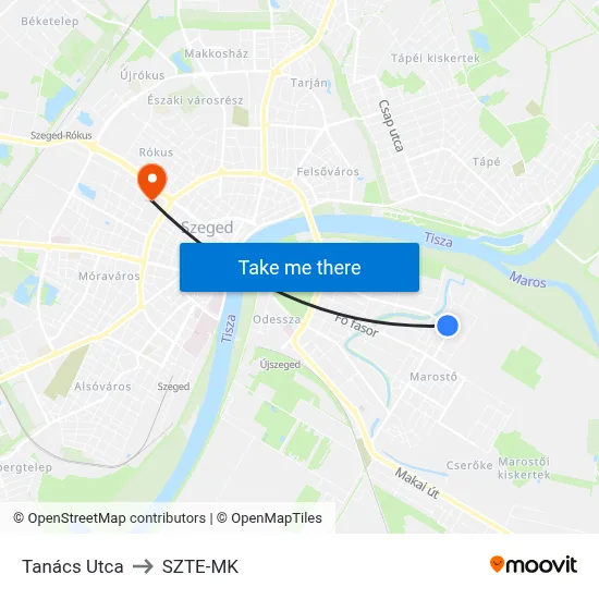 Tanács Utca to SZTE-MK map