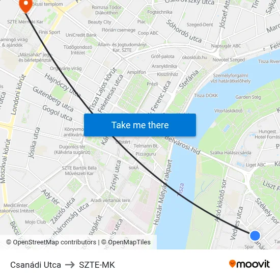 Csanádi Utca to SZTE-MK map