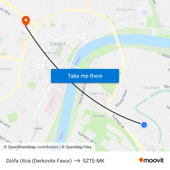 Diófa Utca (Derkovits Fasor) to SZTE-MK map