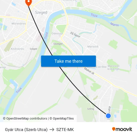 Gyár Utca (Szerb Utca) to SZTE-MK map