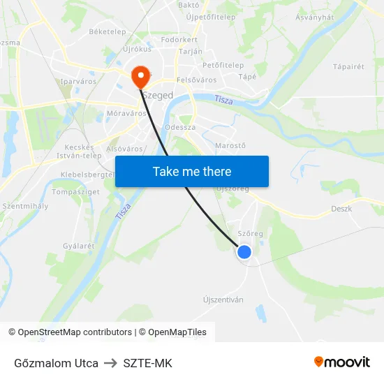 Gőzmalom Utca to SZTE-MK map