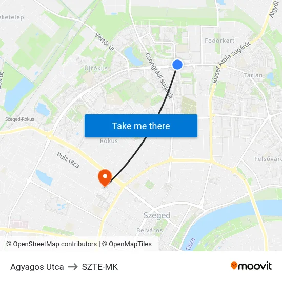 Agyagos Utca to SZTE-MK map