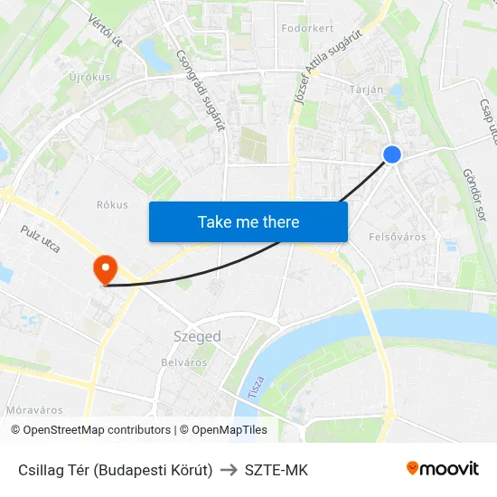 Csillag Tér (Budapesti Körút) to SZTE-MK map