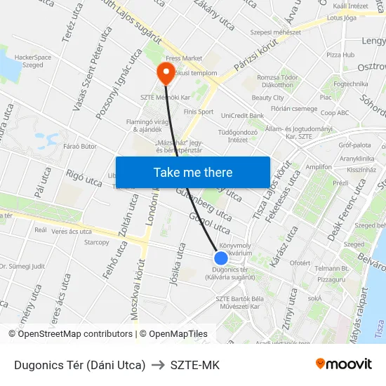 Dugonics Tér (Dáni Utca) to SZTE-MK map