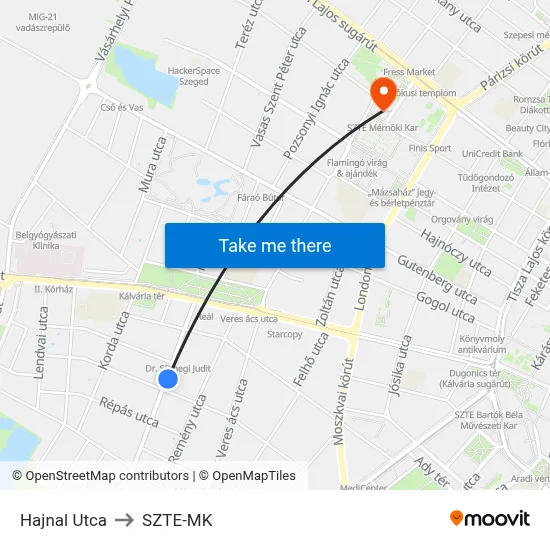 Hajnal Utca to SZTE-MK map