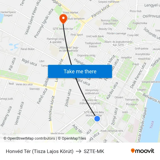 Honvéd Tér (Tisza Lajos Körút) to SZTE-MK map