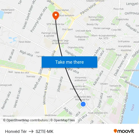 Honvéd Tér to SZTE-MK map
