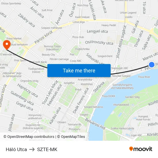 Háló Utca to SZTE-MK map
