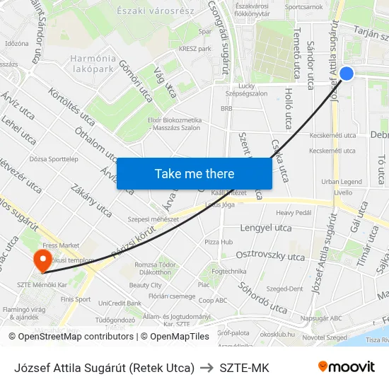 József Attila Sugárút (Retek Utca) to SZTE-MK map