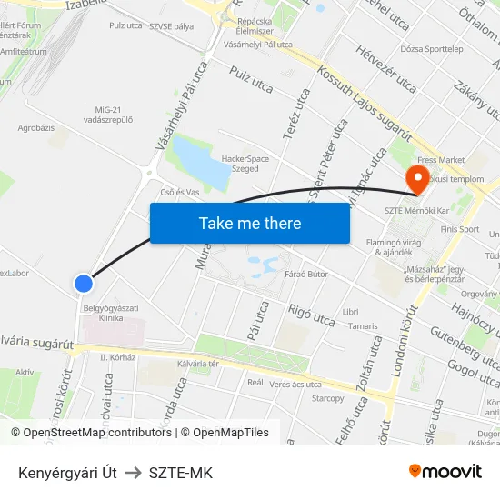 Kenyérgyári Út to SZTE-MK map