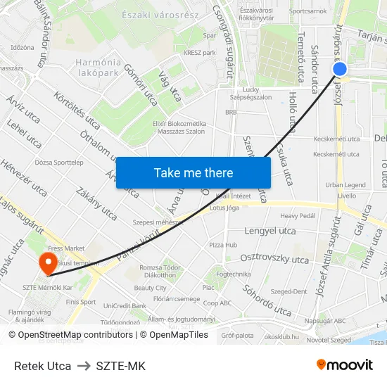 Retek Utca to SZTE-MK map
