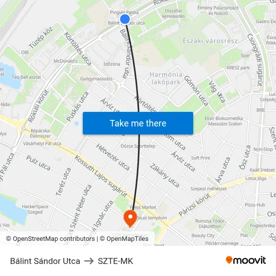 Bálint Sándor Utca to SZTE-MK map