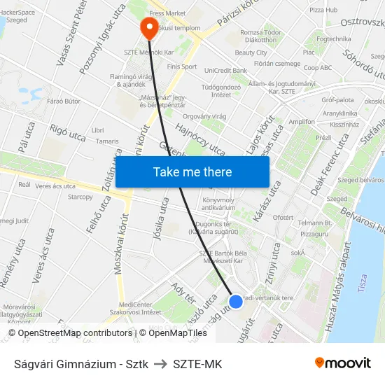 Ságvári Gimnázium - Sztk to SZTE-MK map
